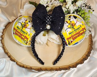 101 Dalmations Inspired Minnie Mouse Ears With Black Sequined Bow & Pearls: Handmade Comfortable Fit, Featuring Pongo and Perdita