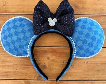 Denim Mouse Ears With Pearls, Blue Jean Mickey Ears for Kids  display picture 3