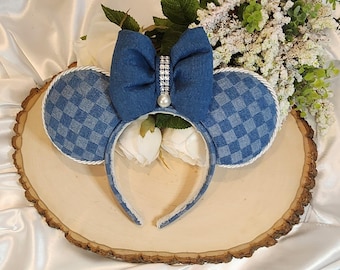 Denim Mouse Ears With Pearls, Blue Jean Mickey Ears for Kids 