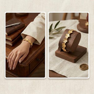 Peut inclure: Un bracelet doré avec un motif floral. Le bracelet est présenté sur un présentoir en bois et également porté au poignet. Le design du bracelet comprend plusieurs éléments en forme de fleurs. C'est un bijou.
