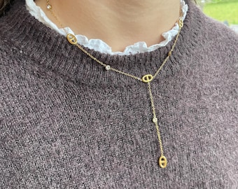 Necklace, marine mesh, stainless steel, Y-shaped, dark gold color, adjustable size