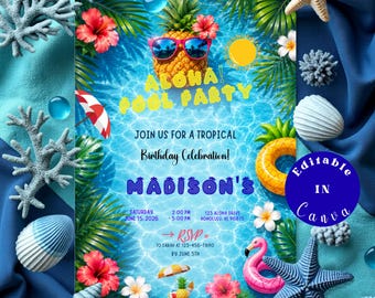 Pineapple Birthday Invitation | Tropical Birthday Invitation | Aloha Birthday Invite | Luau Summer Party | Instant Download Canva Template