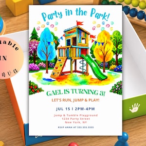 Playground Birthday Invitation|Treehouse Party in the Park Outdoor Kids Invite|Run Jump Slide Play|Editable Canva Template 5x7