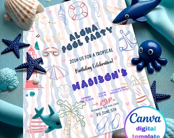 Birthday Party Invitation, Summer Invite, Flamingo Tropical Canva Template