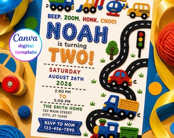 Beep Zoom Honk Choo Choo Crochet Birthday Invitation, Editable Transportation Birthday Invite, Truck Train Car Party Canva Template