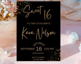 Editable Surprise Birthday Invitation, Black and Gold Glitter Birthday, Digital Invite, Adult Party Invitation Template