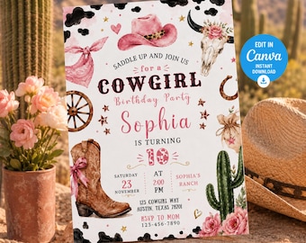 First Rodeo Birthday Invitation, Editable My 1st Rodeo Girl Cowgirl Invites, First Rodeo Invite, 5x7 Canva
