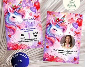 Eenhoorn verjaardagskaart voor een meisje, bewerkbare Canva-sjabloon, printbare roze feestuitnodiging, direct te downloaden