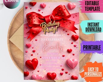 Pink Bow Birthday Invitation: Girl Party Invite, 5x7 (Canva Template