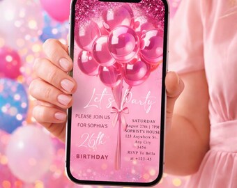 Pink Balloons Birthday Party Invitation Template: Editable Digital Download