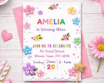 Colorful Floral Pink Scalloped Birthday Invitation,Editable Canva Template,Watercolor Garden Party Invite Girl,2nd Birthday Digital Download