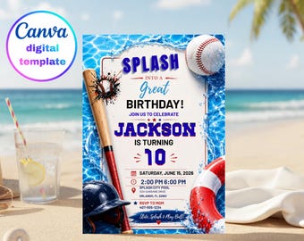 Baseball Pool Party Birthday Invitation, Splash Summer Invite for Boys, Sports Team End of Season Party, Editable Canva Template, 5x7
