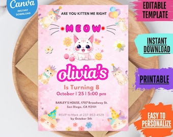 Cute Kitty Birthday Invitation, Cat theme Party, Pink kitty, Editable Canva Template, Digital Download