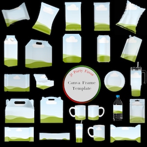 May include: A collection of various packaging templates with a sky and landscape design. Includes boxes, pouches, bottles, mugs, and a tumbler. The text in the center reads "31 Party Favor Canva Frame Template".