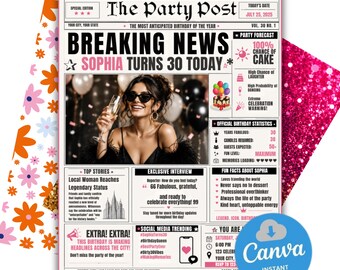 Newspaper Birthday Flyer Template, Digital Birthday Invitation