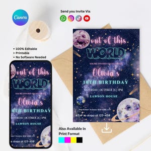 Peut inclure: Une invitation d'anniversaire sur le thème de l'espace. Le texte "out of this world" est mis en évidence, avec les détails de la fête. L'image montre l'invitation sur un smartphone et une version imprimée.