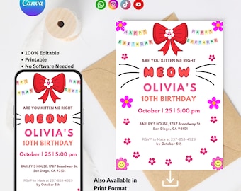 Cute Kitty Birthday Invitation, Cat theme Party, Pink kitty, Editable Canva Template, Digital Download