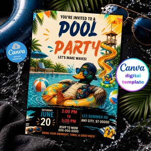 Könnte beinhalten: Ein Einladungsflyer für eine Poolparty mit einer Ente, die eine Sonnenbrille und eine Baseballkappe in einem gelben Schwimmring trägt. Der Text lautet: YOU'RE INVITED TO A POOL PARTY, LET'S MAKE WAVES, SATURDAY JUNE 20, 2:00 PM TO 5:00 PM.