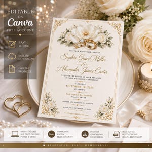Könnte beinhalten: Eine rechteckige Hochzeitseinladungskarte aus cremefarbenem Papier mit goldenen Filigran-Ecken und Blumenillustrationen. Der Text enthält die Namen Sophia Grace Miller und Alexander James Carter sowie Datum und Ort in schwarzer Schrift.