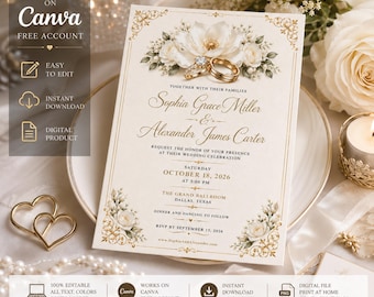 Spanish Wedding Invitation Editable, Elegant White Floral Wedding Invitation, Gold Ring Wedding Invite, Editable Canva Template