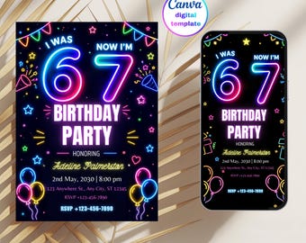 Neon Six-Seven Birthday Invitation, Birthday Party (Digital Download)