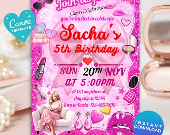 Editable Fashion Doll Birthday Invitation | Fashion Doll Birthday Invitation | Pink Glitter Party | Instant Download | Canva Template