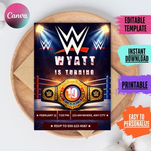Peut inclure: Une invitation d'anniversaire sur le thème de la lutte. Le design présente une ceinture de champion, le texte "WYATT IS TURNING 10" et le logo WWE. L'invitation comprend également les détails de l'événement et les informations RSVP.