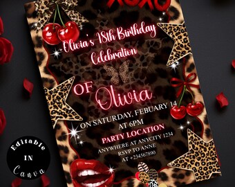 Cheetah Print Birthday Invitation, Coquette Bow, Editable Canva Template (PDF Download)