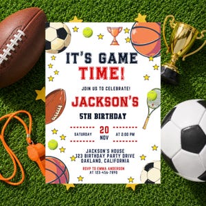 Editable Sports Birthday Invitation, It's Game Time Party Invite, All Sports Basketball Soccer Football Birthday Invitation, Canva Download