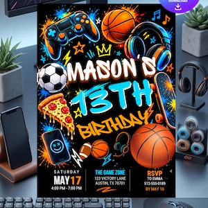 Puede incluir: Un folleto de invitación de cumpleaños con fondo negro y gráficos de neón que incluyen mando de juego, balones de baloncesto, balón de fútbol, porción de pizza, monopatín y auriculares. Texto: Mason's 13th Birthday, 17 de mayo, The Game Zone, 123 Victory Lane, Austin, TX 78701, RSVP a Emma 512-555-0189 antes del 10 de mayo.