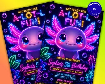 Neon Axolotl Birthday Invitation Template (Digital, Editable Canva)