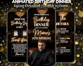 Animated Birthday Dinner Invitation, Men's Party Video Invite, Premade Gold Party Celebration, 30th 40th 50th Men's Birthday, Canva Editable