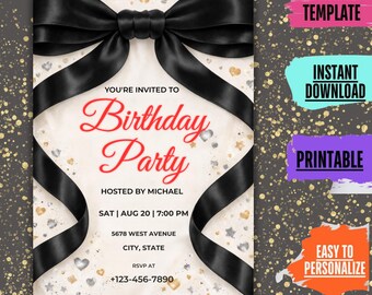 Black Bow Birthday Invitation, Editable Coquette Party Invite, Digital Download for Printable and Phone Format