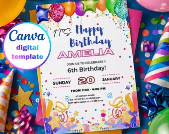 Bewerkbare regenboogconfetti verjaardagskaart | Printbare Canva-sjabloon | Vrolijke en kleurrijke kinderfeestuitnodiging | Voor elke leeftijd | Direct te downloaden | 5x7 inch