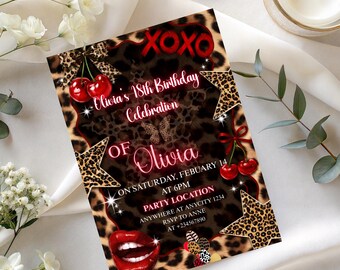 Cheetah Print Birthday Invitation, Black Bow Coquette Party Printable Invite, Editable Canva Design, Instant PDF Download