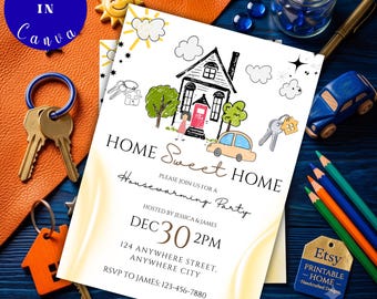 Housewarming Party Invitation, New Home Invite, Home Sweet Home Doodle Template, Moving Party Invite, Editable Canva Instant Download 5x7