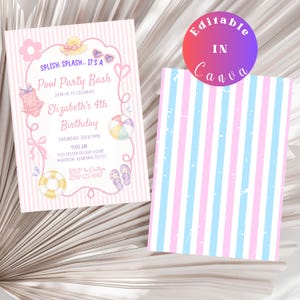 Peut inclure: Une carte d'invitation rectangulaire à rayures verticales roses et blanches sur le thème de la piscine, illustrée d'un maillot de bain, d'un chapeau, de lunettes, d'un ballon de plage et de tongs, avec le texte d'un 4e anniversaire.
