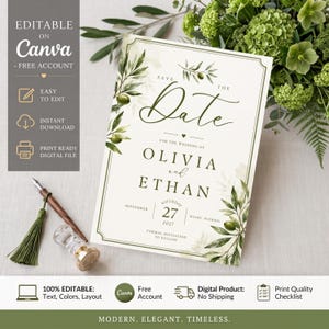 May include: A rectangular Save the Date card featuring watercolor olive branch illustrations, dark green text, and a thin border. The text reads Save the Date for the wedding of Olivia and Ethan, Saturday, September 27, 2027, Miami, Florida.