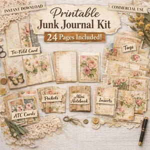 May include: A printable junk journal kit with 24 pages, featuring a vintage aesthetic. The kit includes tri-fold cards, tags, pockets, mini notebooks, and inserts, all adorned with floral and aged paper designs. Includes the text "Instant Download" and "Commercial Use".