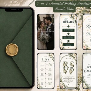 Peut inclure: Une vidéo de pack d'invitation de mariage animée 7-en-1 affichée sur un smartphone. Le design présente une enveloppe vert foncé avec un sceau doré et plusieurs écrans avec des détails de mariage, dont le texte "A love written in the stars."