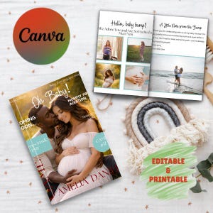 May include: A magazine cover with the title "Oh Baby!" features a couple embracing, with the woman's baby bump prominent. The image also includes a booklet with photos and text, a rainbow-shaped wall hanging, and the Canva logo.