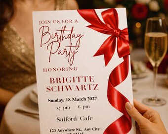 Red Bow Birthday Invitation | Red & White Party Invite | Canva Editable Template | Birthday Party Invite | Invitation download
