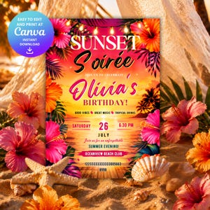 May include: A digital invitation template for a Sunset Soirée birthday party featuring a vibrant tropical sunset background with palm trees, hibiscus flowers, string lights, and text details including date, time, and location on a wooden dock.