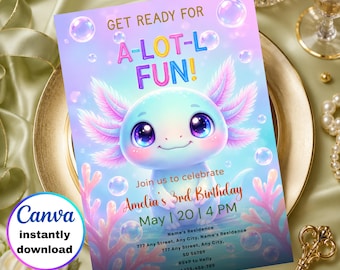 Axolotl Birthday Invitation, Editable Canva Template, ALOTL OF FUN