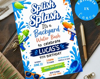 Water Gun Birthday Invitation, Water Gun Invitation, Squirt Gun Birthday Invite, Boy Summer Water Splash Party, Canva Editable Template