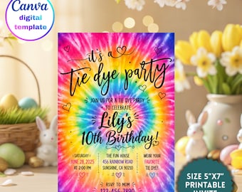 Editable Art Birthday Party Invitation Tie Dye Arts and Crafts Painting Party Invite Let's Paint Celebrate, Canva Template Editable Instant