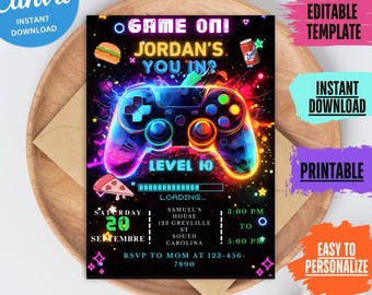 Gamer Video Game Birthday Invitation, Level Up Birthday Invite, Game Boy Girl Birthday Party Template, Arcade Party, Editable Canva Template