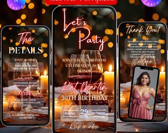 Elegant Digital Birthday Dinner Invitation Template, Animated Birthday Dinner Text Evite, Editable Birthday Party Invite, Canva Template