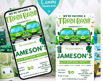 Garbage Truck Birthday Invitation, Digital Trash Bash Party Invite, Editable Template, Instant Download, Recycling Theme for Kids