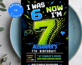 Six Seven Meme Birthday Invitation, 7th birthday invite boy, I Was 6 Now I’m 7 birthday invite, Retro gaming style invitation, pixel meme